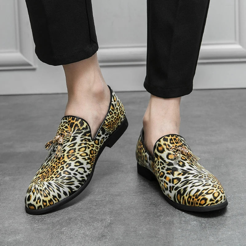 2023 Luxury Mens Leather Shoes Fashion Fringed Leopard Loafers Slip-on Party Casual Shoes for Men Large Size 38-46 Free Shipping