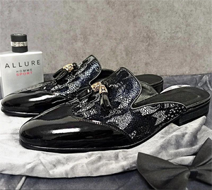 LUXURY BRAND MEN LEATHER SHOES BLACK BLUE FLOWER FIGURES CASUAL MENS DRESS SHOES SUMMER COMFORTABLE HALF SHOES FOR MEN