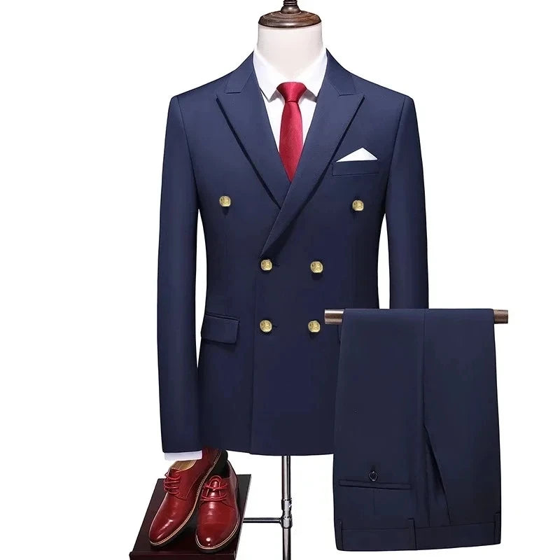 Men's Leisure Boutique Double Breasted Solid Color Suit 2 Piece Set Drees Blazers Jacket Pants Trousers