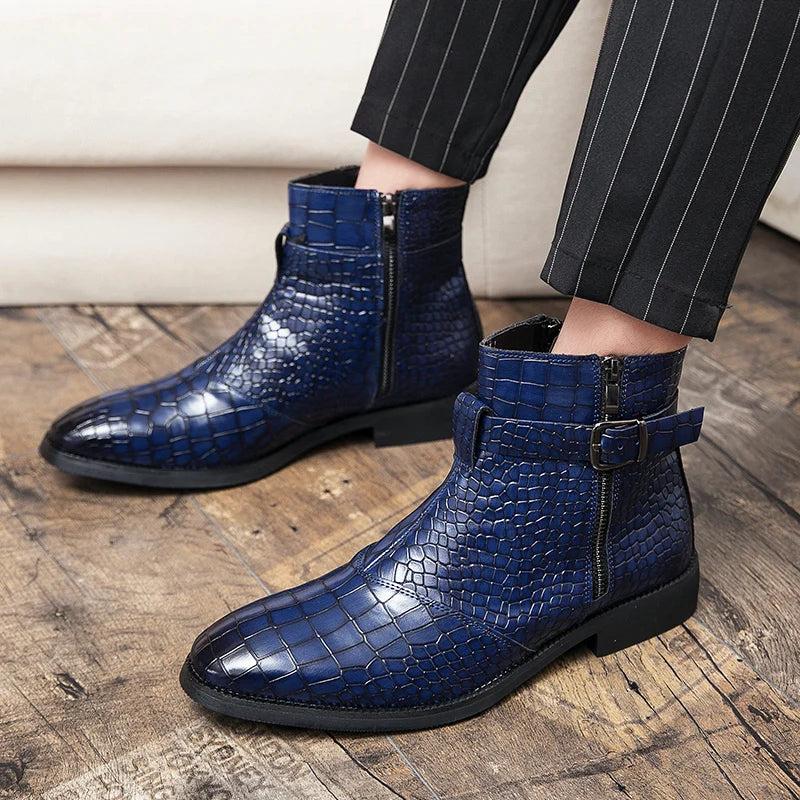 Men Crocodile Embossed Side Zipper Boots Blue Outdoor Boots