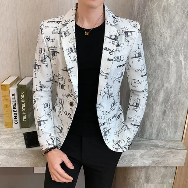 Men Blazer High-quality Men Korean Version of The Printed Slim Formal Wedding Party Prom Suit Jacket
