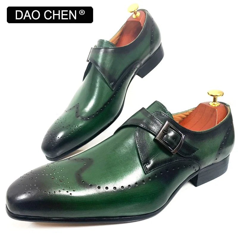 LUXURY BRAND MEN'S LOAFERS MONK STRAP SHOES BLACK GREEN WINGTIP MENS