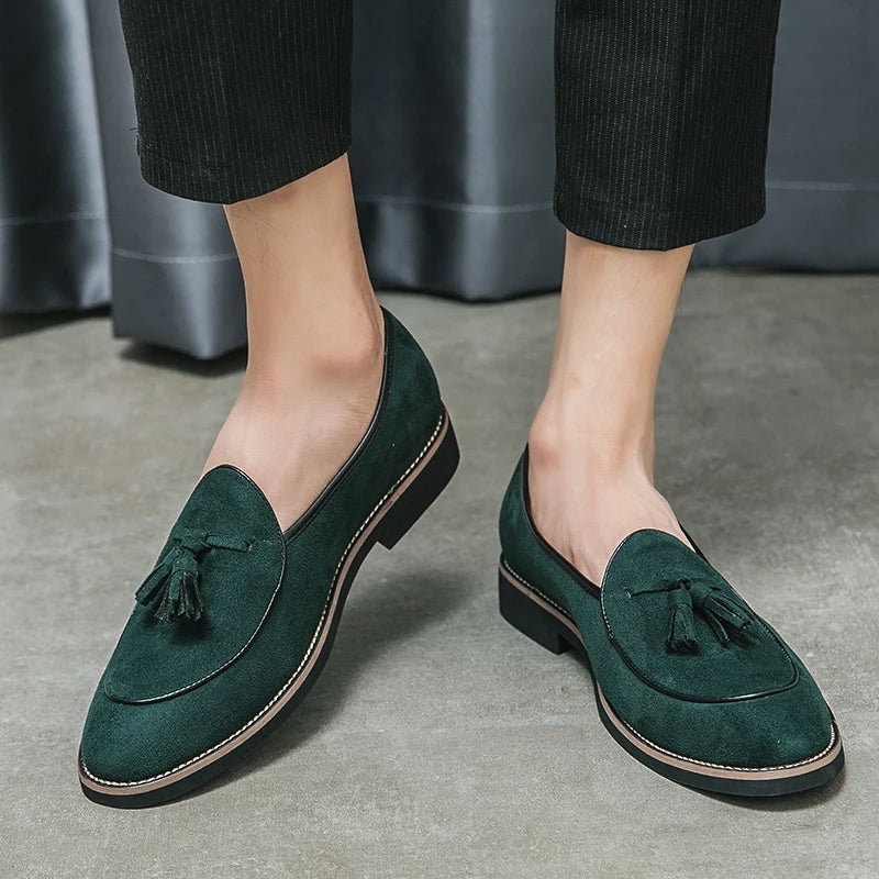 Italian Luxury Brand Suede Men's Tassel Design Loafers Slip-on Handmade High Quality Leather Shoes