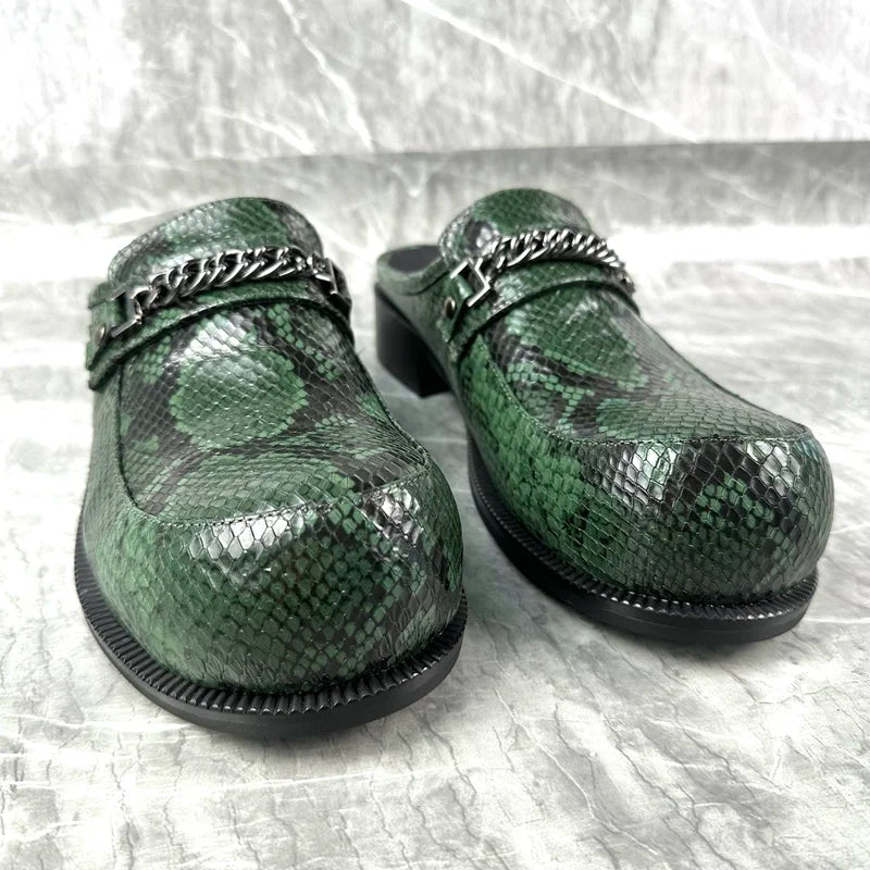 Green Snake Skin Pattern Genuine Leather Loafers For Men Luxury Summer Flats Men Half Shoes