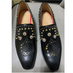 Load image into Gallery viewer, Black Genuine Leather Shoes Men Luxury Beaded Rivets Loafers Slip On Flats Dress Shoes
