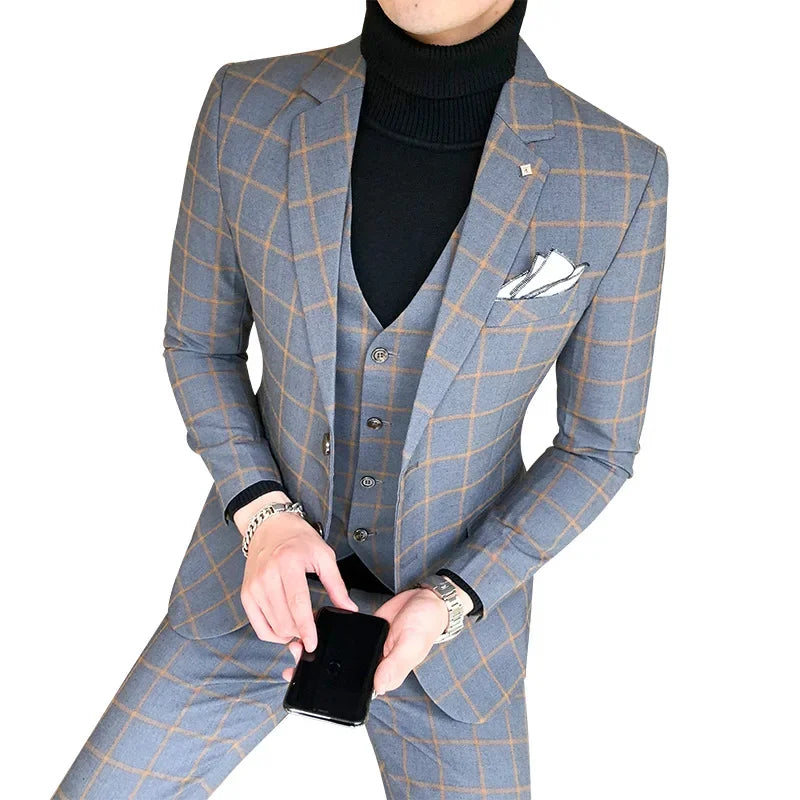 Blazer and Vest and Pants / Boutique Fashion Plaid Men's Casual Business Suit 3pcs Set