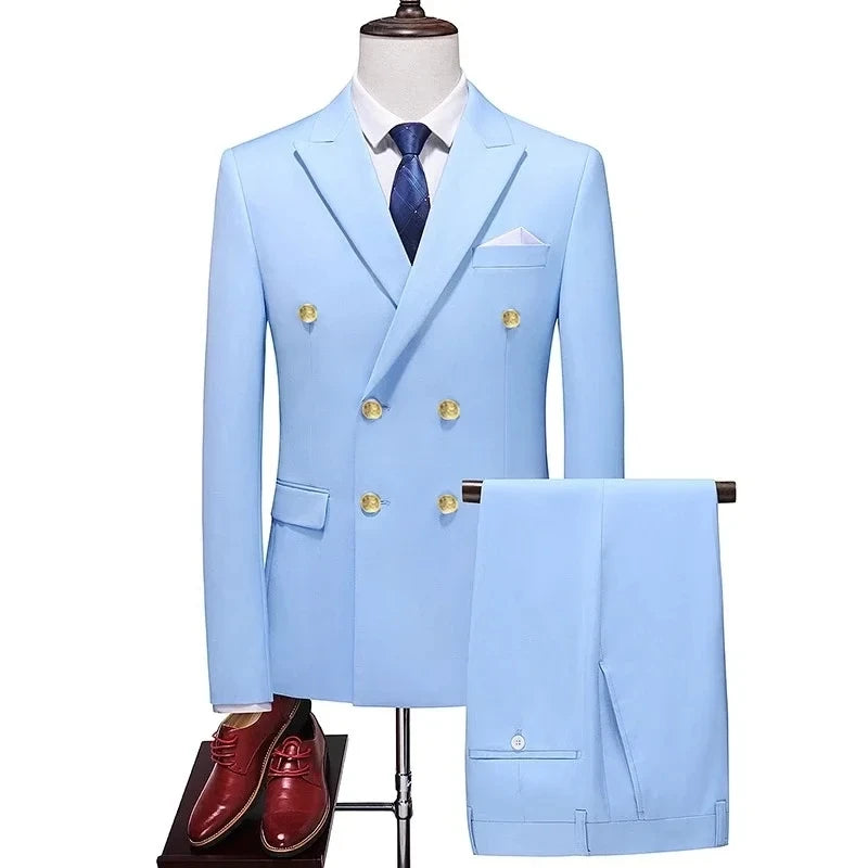 Men's Leisure Boutique Double Breasted Solid Color Suit 2 Piece Set Drees Blazers Jacket Pants Trousers