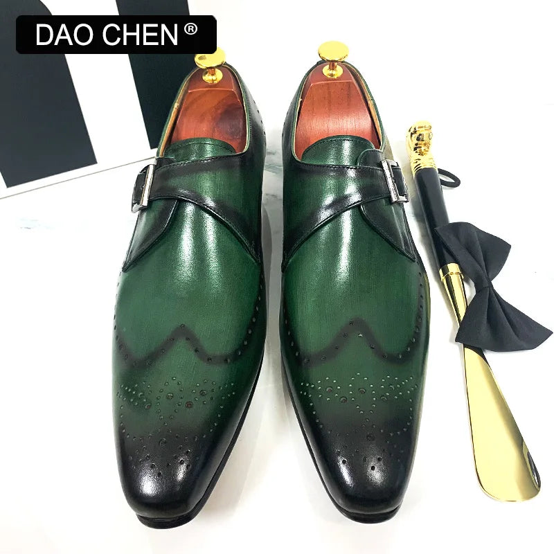 LUXURY BRAND MEN'S LOAFERS MONK STRAP SHOES BLACK GREEN WINGTIP MENS