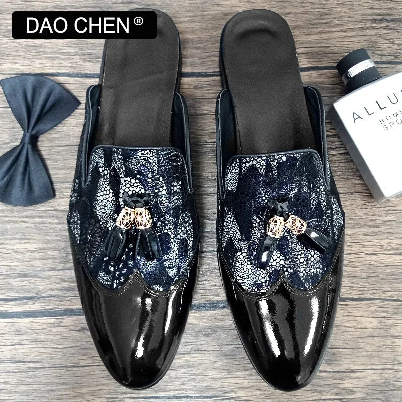 LUXURY BRAND MEN LEATHER SHOES BLACK BLUE FLOWER FIGURES CASUAL MENS DRESS SHOES SUMMER COMFORTABLE HALF SHOES FOR MEN