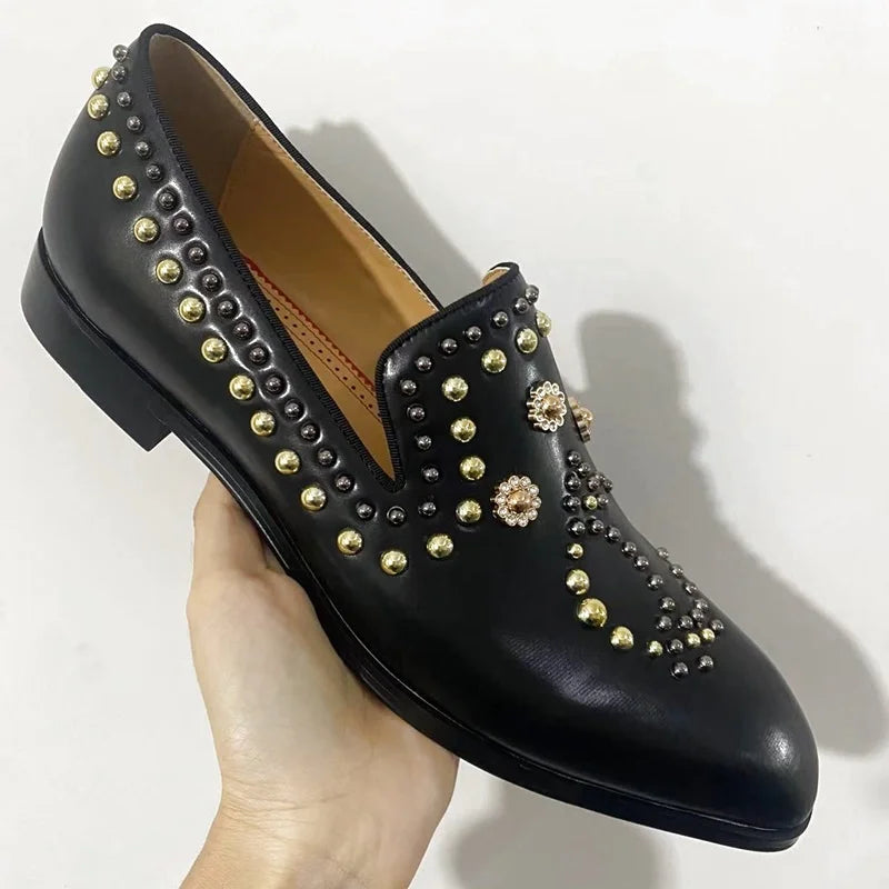 Black Genuine Leather Shoes Men Luxury Beaded Rivets Loafers Slip On Flats Dress Shoes