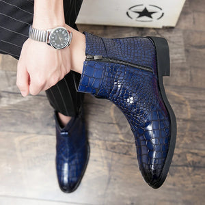 Men Crocodile Embossed Side Zipper Boots Blue Outdoor Boots