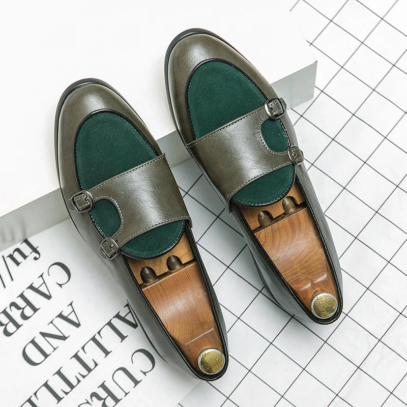 New Shallow Shoe Green Loafers Double Buckle Fashion Brand Men Shoes Italian Classic Shoes