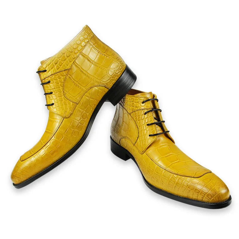 Genuine cow leather with crocodile skin printing lace up shoes Style Solid Boots Sneakers Men's Black yellow oversize Big Size48