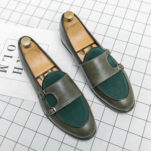 New Shallow Shoe Green Loafers Double Buckle Fashion Brand Men Shoes Italian Classic Shoes