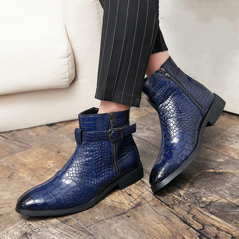 Men Crocodile Embossed Side Zipper Boots Blue Outdoor Boots