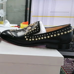 Load image into Gallery viewer, Black Genuine Leather Shoes Men Luxury Beaded Rivets Loafers Slip On Flats Dress Shoes
