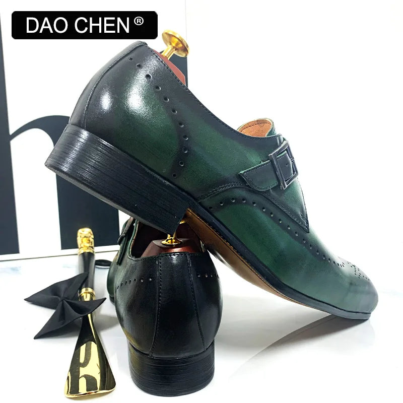 LUXURY BRAND MEN'S LOAFERS MONK STRAP SHOES BLACK GREEN WINGTIP MENS