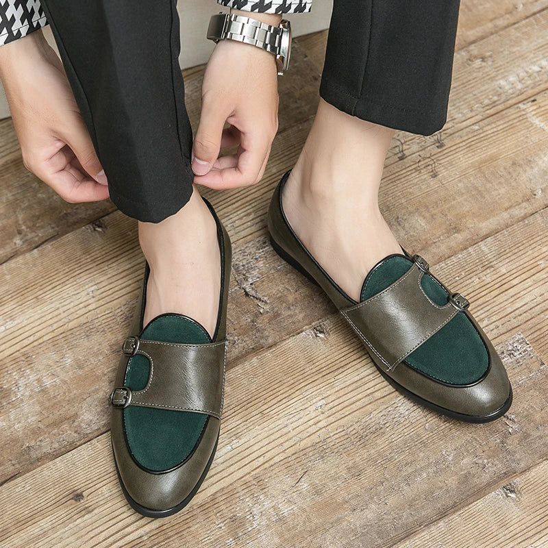 New Shallow Shoe Green Loafers Double Buckle Fashion Brand Men Shoes Italian Classic Shoes