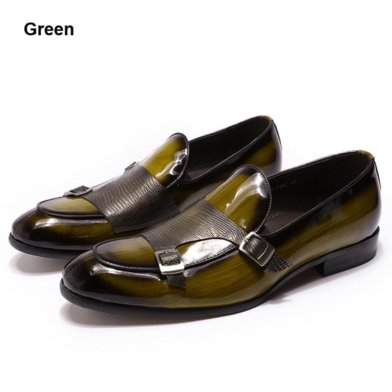 Leather Mens Loafers Wedding Party Dress Shoes Black Green Monk Strap Casual Fashion Men Slip On Shoes