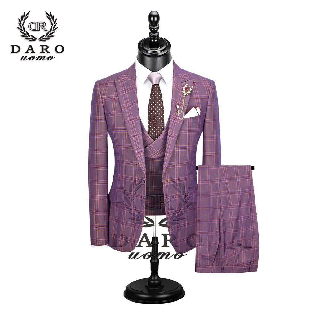 New Men Suit 3 Pieces Fashion Plaid Suit  Slim Fit  blue purple  Wedding Dress  Suits Blazer Pant and Vest DR8193