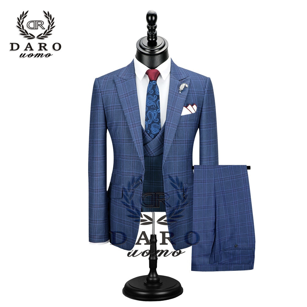 New Men Suit 3 Pieces Fashion Plaid Suit  Slim Fit  blue purple  Wedding Dress  Suits Blazer Pant and Vest DR8193