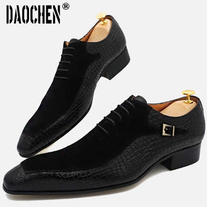 Shoes Lace up Split Toe Coffee Black Formal Men Dress Shoes Suede Patchwork Crocodile prints Leather Shoes Men