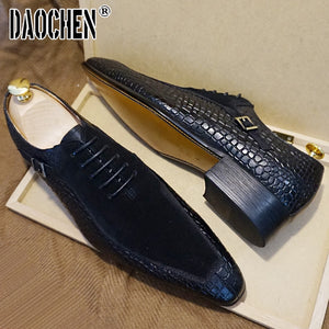 Shoes Lace up Split Toe Coffee Black Formal Men Dress Shoes Suede Patchwork Crocodile prints Leather Shoes Men