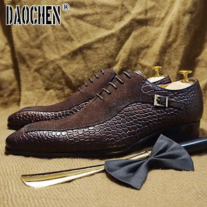 Shoes Lace up Split Toe Coffee Black Formal Men Dress Shoes Suede Patchwork Crocodile prints Leather Shoes Men