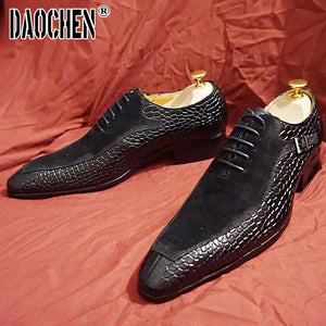 Shoes Lace up Split Toe Coffee Black Formal Men Dress Shoes Suede Patchwork Crocodile prints Leather Shoes Men